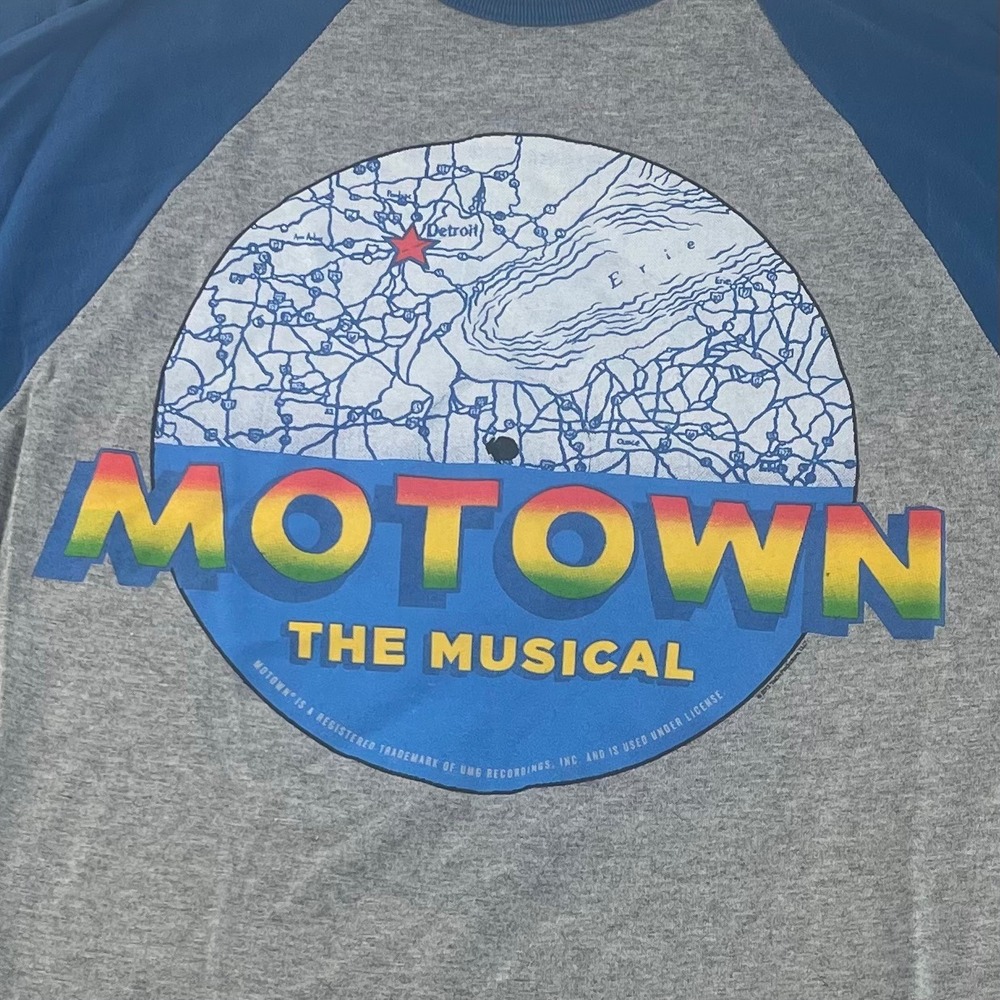 Motown The‎ Musical Baseball Tee Gray Blue 3/4 Sleeve Graphic Raglan Shirt L